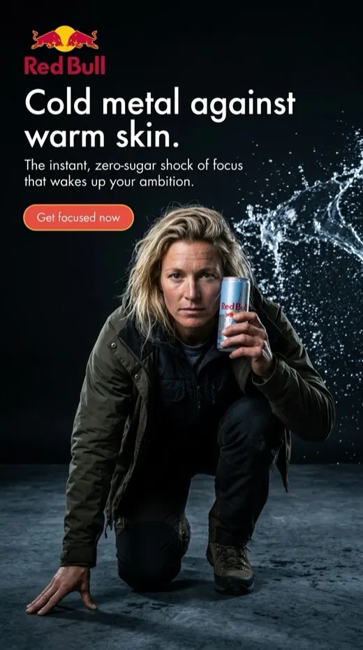 Red Bull ad — a crouched woman holding the can to her shoulder as water splashes behind her, dark backdrop