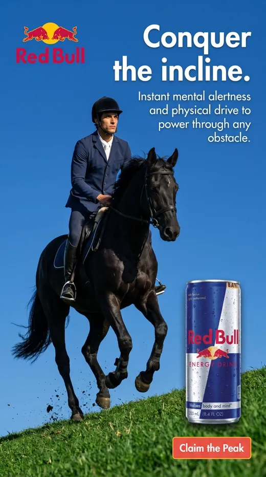 Red Bull ad — a showjumper cantering a black horse up a grassy incline beside the can, "Conquer the incline" headline