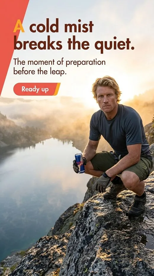 Red Bull ad — a hiker crouched on a cliff at sunrise holding a can