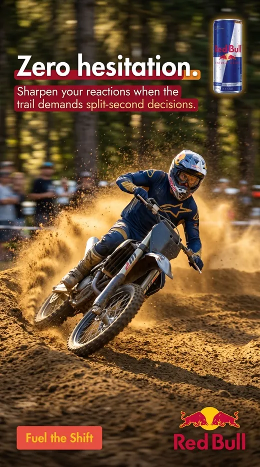 Red Bull ad — a motocross rider carving a dirt turn in a spray of mud, "Zero hesitation" headline