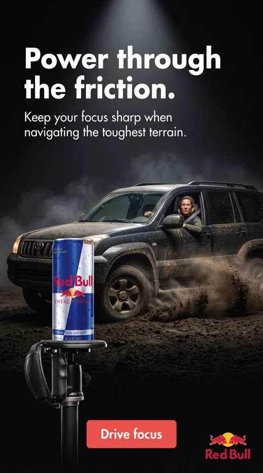 Red Bull ad — a driver powering an SUV through dust and dirt, "Power through the friction" headline