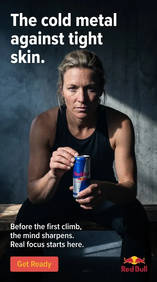 Red Bull ad — a climber sitting in shadow holding the can before her first climb, "The cold metal against tight skin" headline