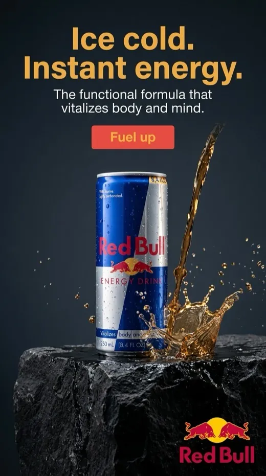 Red Bull ad — the can on a dark rock with an amber splash arcing beside it