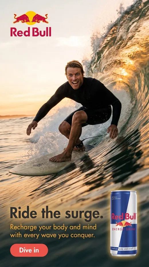 Red Bull ad — a surfer crouched inside a barreling wave at sunset, "Ride the surge" headline