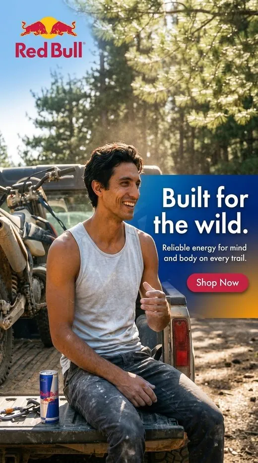 Red Bull ad — a man sitting on a truck tailgate in a forest clearing with a can