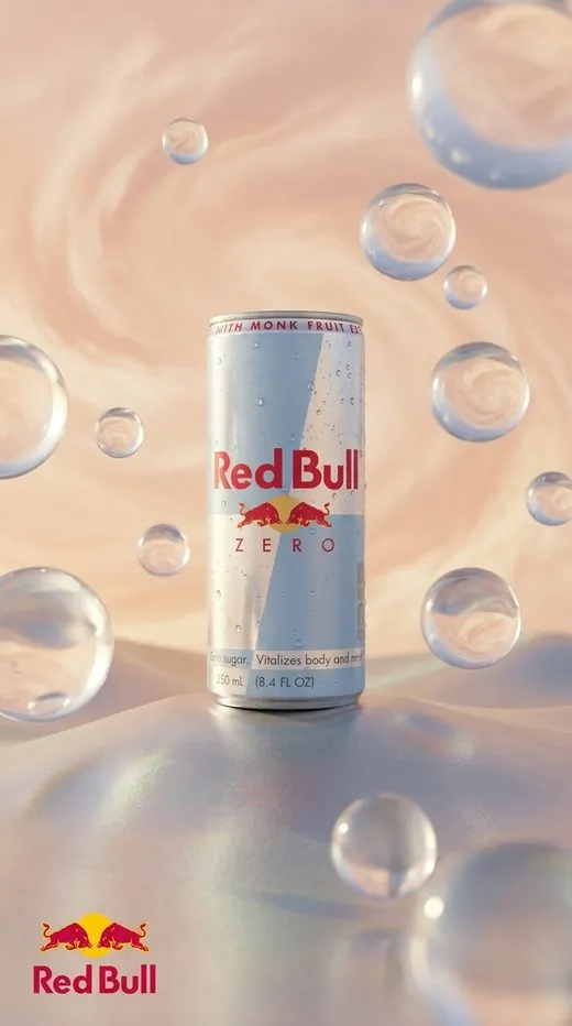 Red Bull Zero ad — the can surrounded by floating water droplets