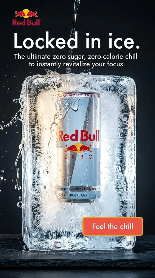 Red Bull Zero ad — the can frozen inside a block of ice