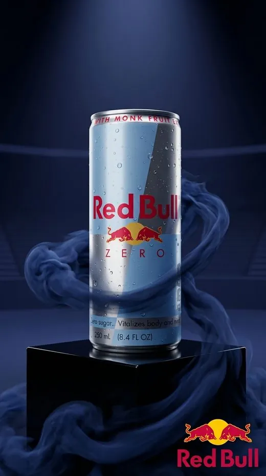 Red Bull Zero ad — the can on a pedestal wrapped in blue smoke