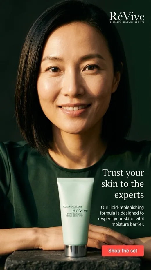 RéVive foaming cleanser ad — a close-up portrait beside the tube, dark green backdrop