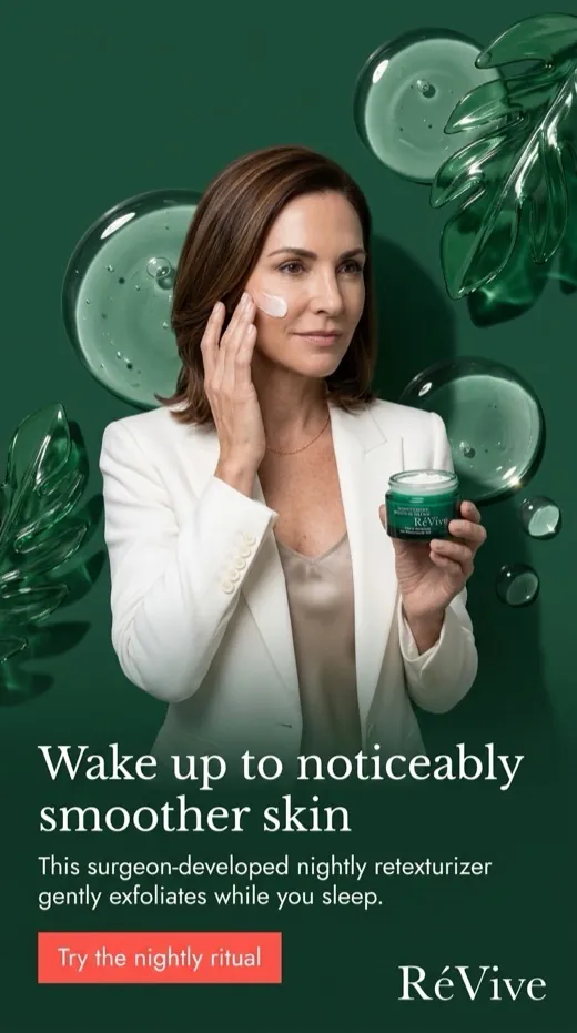 RéVive moisturizer ad — a woman applying cream, ringed by glass droplets and leaves on a green backdrop