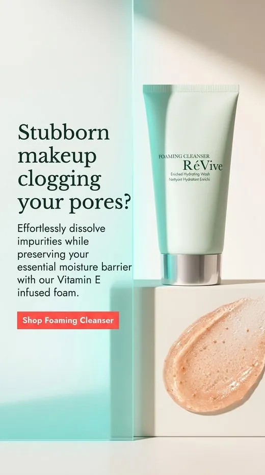 RéVive foaming cleanser ad — the product tube beside a smear of cleansing gel on a teal and cream backdrop