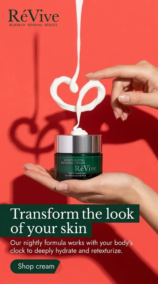 RéVive moisturizer ad — cream poured into a heart shape over the jar, coral backdrop