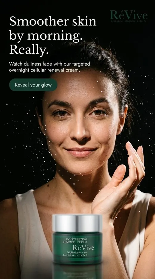 RéVive renewal cream ad — a close-up of dewy skin against a black backdrop