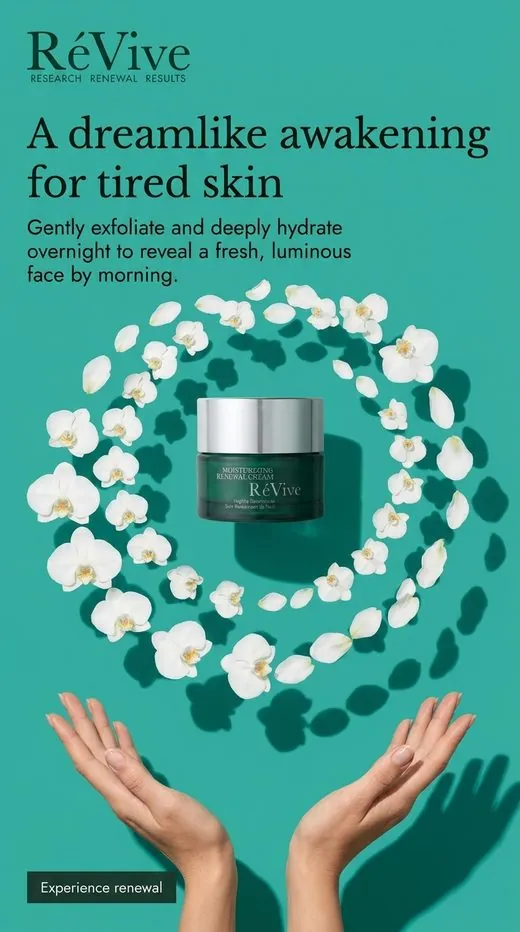 RéVive moisturizer ad — the jar ringed by white orchids above open hands, teal backdrop