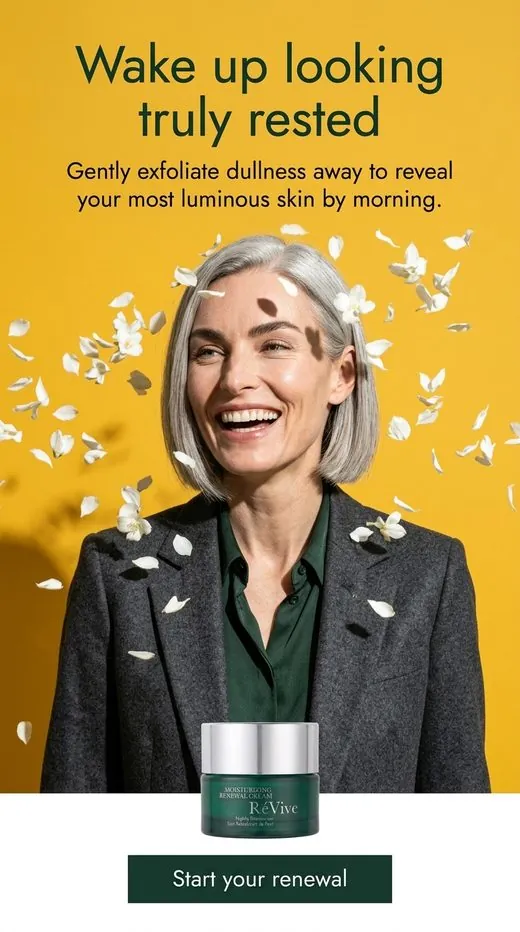 RéVive moisturizer ad — a smiling woman with silver hair under falling white petals on a yellow backdrop