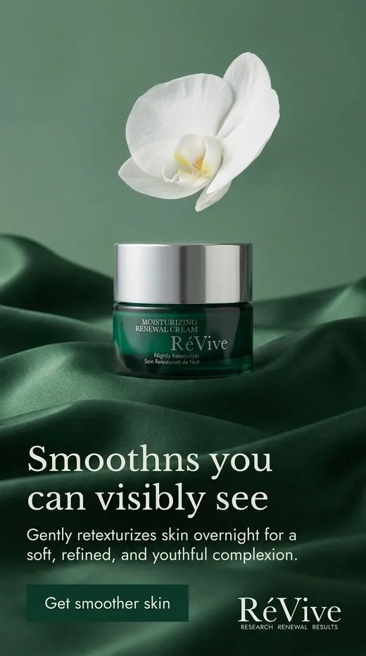 RéVive moisturizer ad — the jar on green silk beneath a white orchid