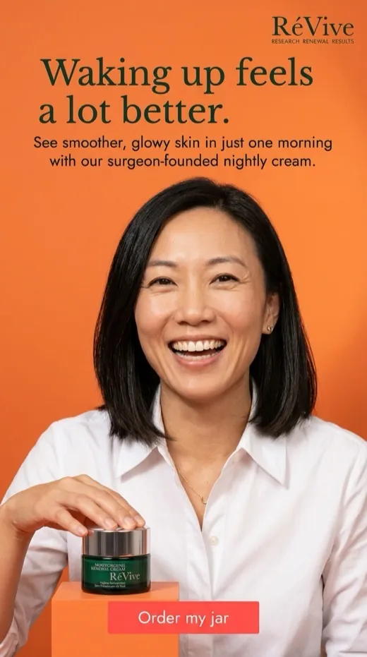 RéVive moisturizer ad — a laughing woman holding the jar against a bright orange backdrop