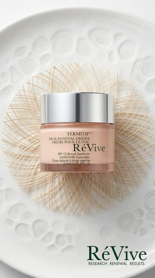 RéVive neck cream ad — the jar centered on a textured white plate