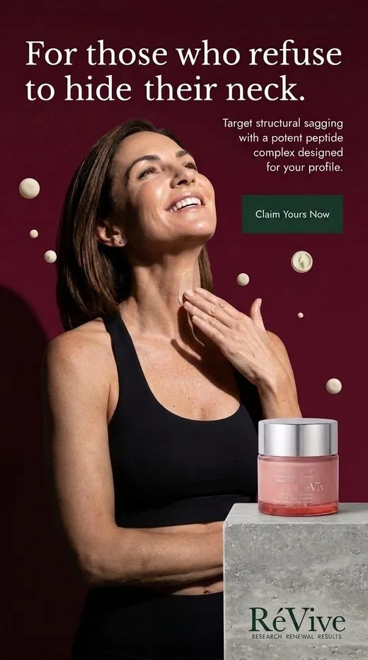 RéVive neck cream ad — a woman applying cream to her neck against a deep red backdrop