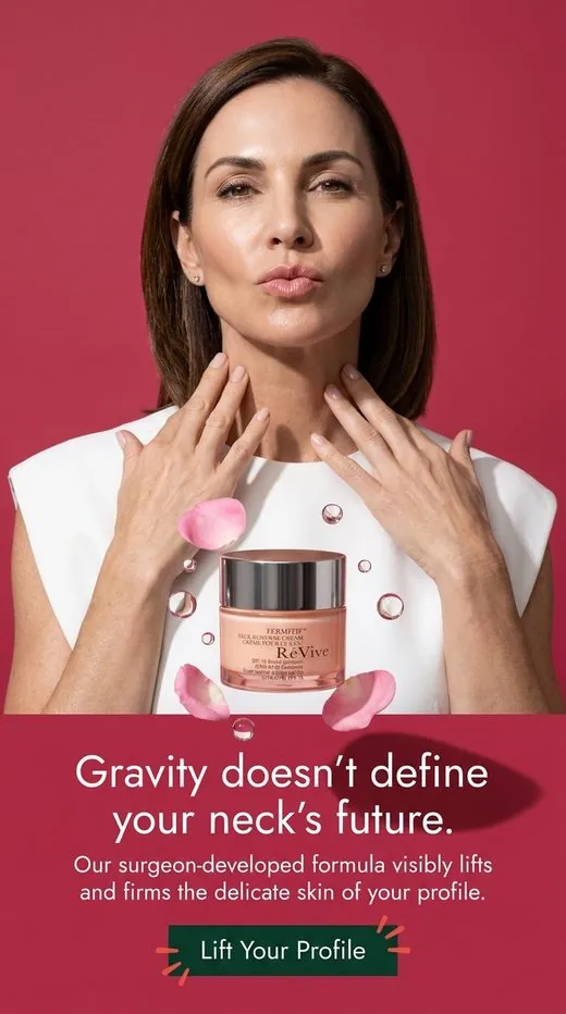 RéVive neck cream ad — a woman with hands at her collarbone against a magenta backdrop