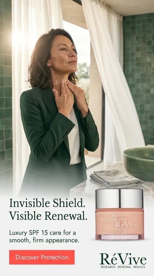 RéVive neck cream ad — a woman touching her collarbone in a green-tiled spa bathroom