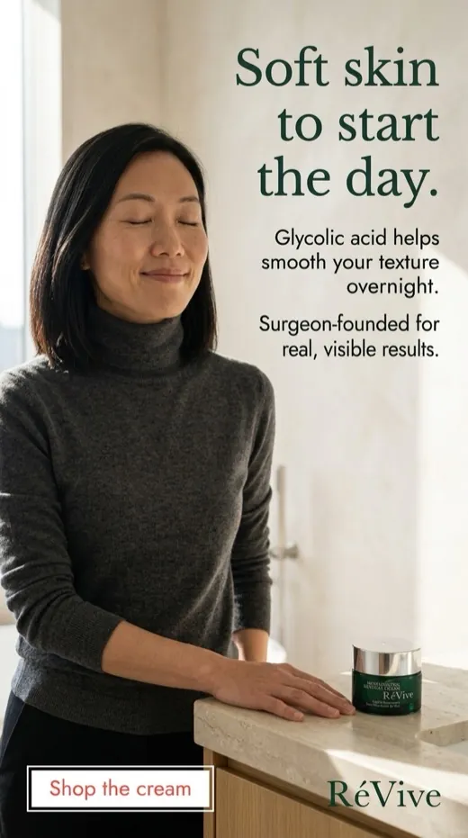 RéVive moisturizer ad — a woman with eyes closed beside the jar on a marble counter
