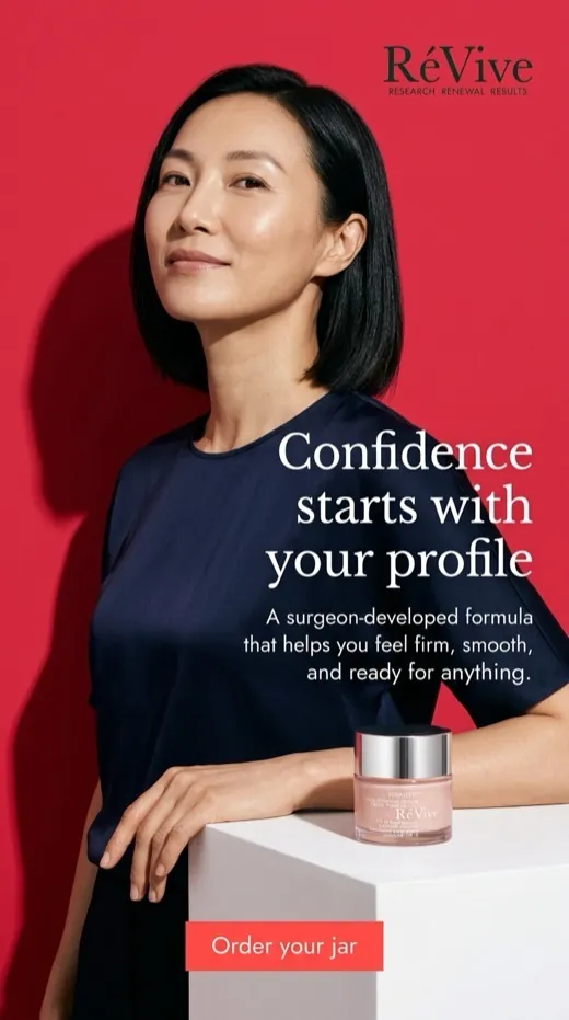 RéVive serum ad — a woman resting her hand on the jar's pedestal against a bold red backdrop