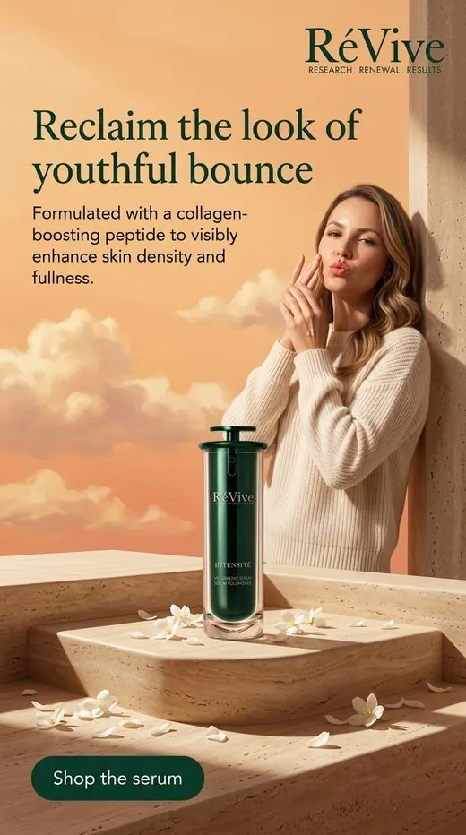 RéVive serum ad — a woman leaning against a sunlit stone wall beside the serum bottle