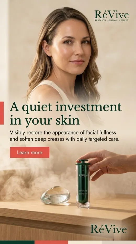 RéVive serum ad — a portrait beside the bottle and a hand reaching for it through soft steam