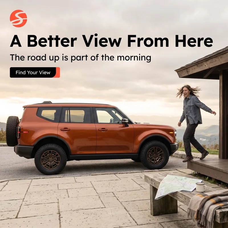 Scout Motors Traveler ad: an orange Traveler parked at a mountain-view cabin at dawn, a woman stepping out to greet the morning, "A Better View From Here" headline