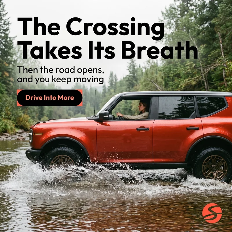 Scout Motors Traveler ad: a red-and-silver Traveler fording a forest river in the rain, "The Crossing Takes Its Breath" headline