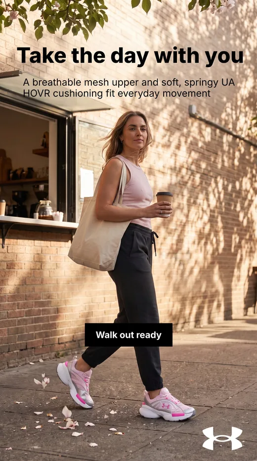 Under Armour UA Arc '96 ad: a woman leaving a coffee hatch with a tote and cup in pink Arc '96 sneakers, "Take the day with you" headline