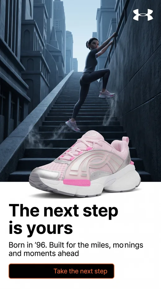 Under Armour UA Arc '96 ad: an animated runner climbing dark city stairs above a giant pink-and-silver sneaker, "The next step is yours" headline