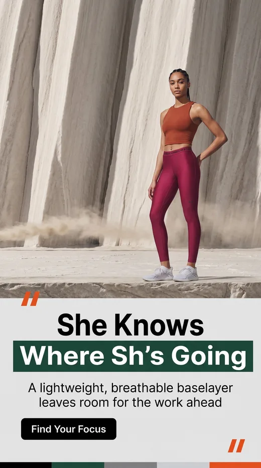 Under Armour HeatGear leggings ad: a woman on a stone ledge before wind-carved cliffs with dust blowing, "She knows where she's going" headline