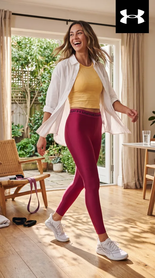 Under Armour HeatGear leggings ad: a laughing woman mid-dance step in raspberry leggings in a sunlit living room