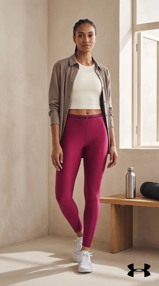 Under Armour HeatGear leggings ad: a portrait of a woman standing calm in magenta leggings against a warm plaster wall, steel bottle on the bench