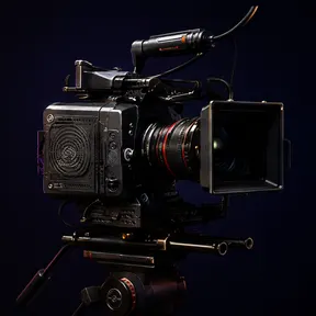 A cinema camera rigged on a tripod with a matte box, lit against black