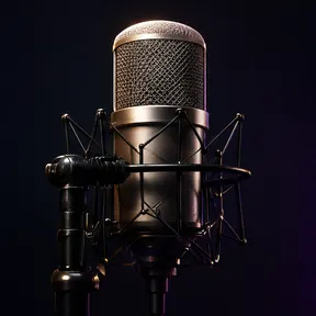 A large-diaphragm studio microphone suspended in a shock mount