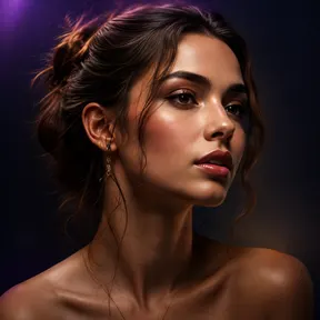 A close-up beauty portrait lit warmly against a dark violet backdrop