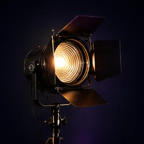 A fresnel studio light with its barn doors open, burning warm against violet