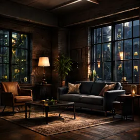 A dim loft apartment at dusk, brick walls and city windows behind a sofa