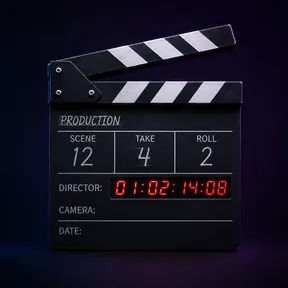 A film clapperboard with scene, take and roll counters lit in a dark studio