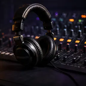 Studio headphones resting on a lit mixing console