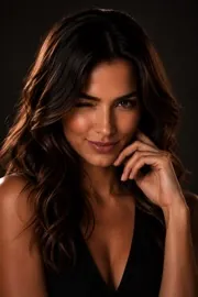A close-up beauty portrait, the model mid-wink under warm rim light