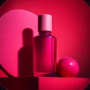 A crimson serum bottle and sphere staged on a plinth in deep red light