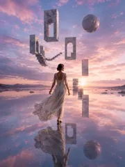 A woman in a flowing white dress crossing a mirrored salt flat at sunset, floating portals overhead