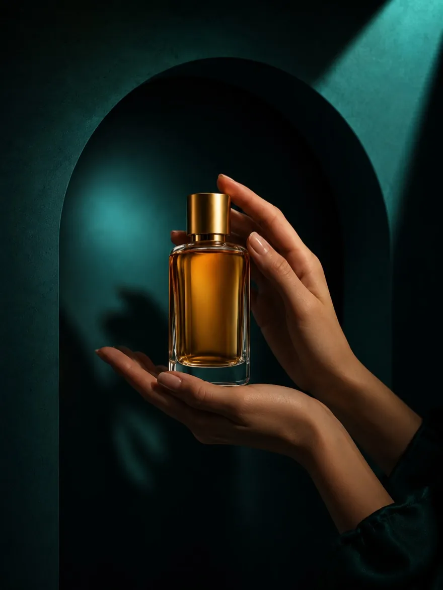 Hands cradling the perfume bottle
