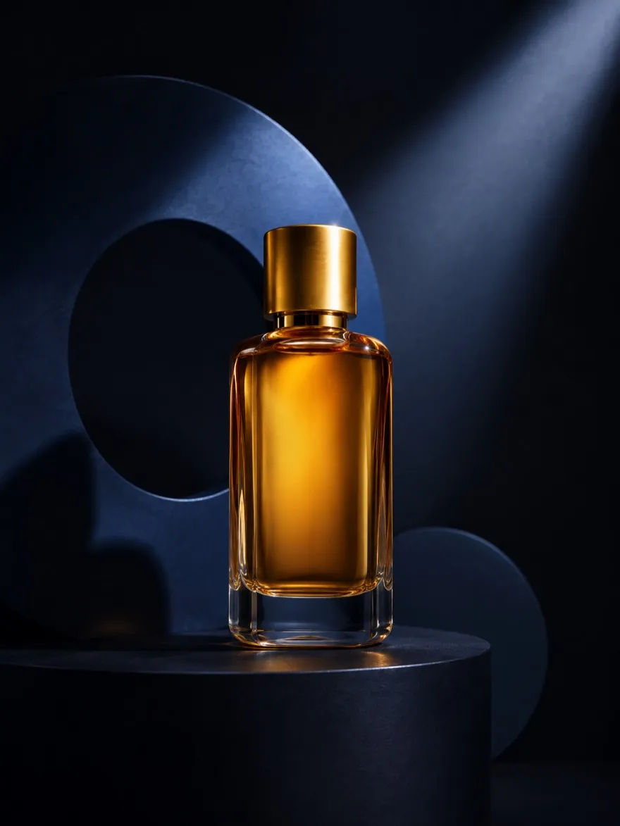 A perfume bottle on a lit pedestal, no model