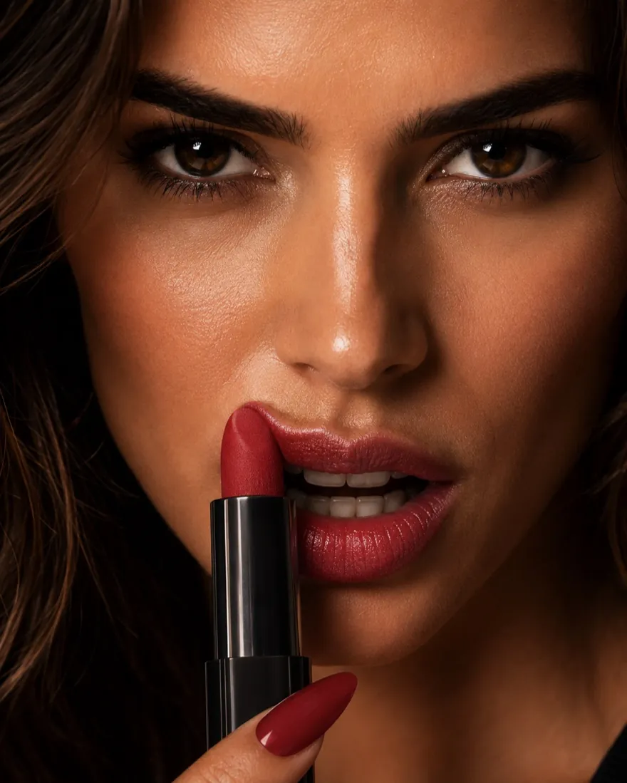 An extreme close-up of a lip product