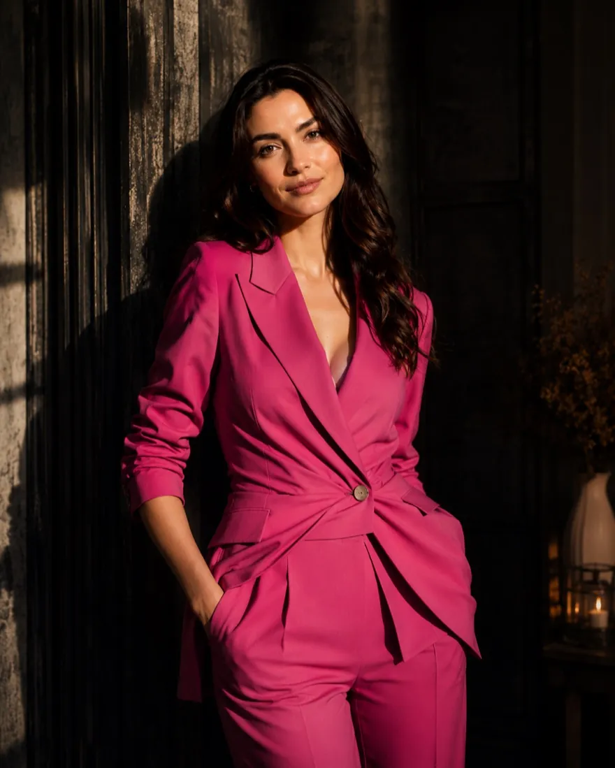 The persona in a bold magenta statement suit